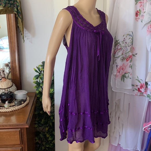 Purple Gauze sleeveless boho tunic mini dress babydoll top L - Picture 3 of 13